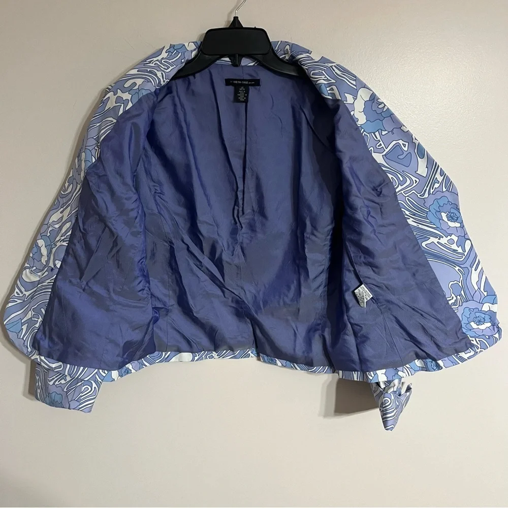 Womens Kenneth Cole Blue Floral Blazer Jacket Coat Size 12‎ Button Pockets